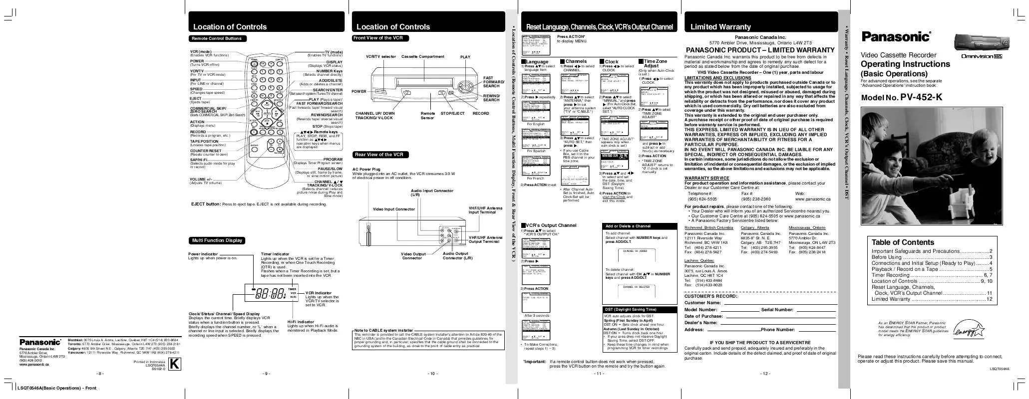 Mode d'emploi PANASONIC PV-452K