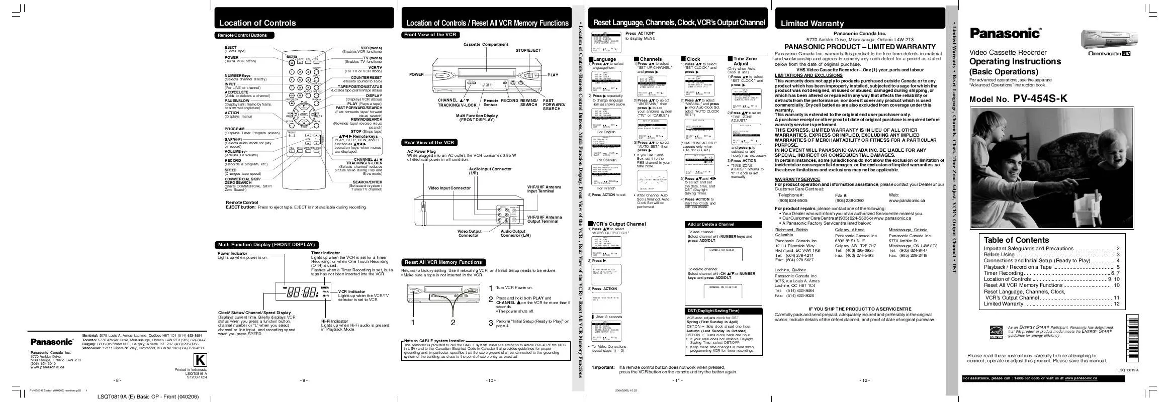 Mode d'emploi PANASONIC PV-454SK