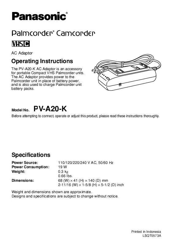 Mode d'emploi PANASONIC PV-A20K