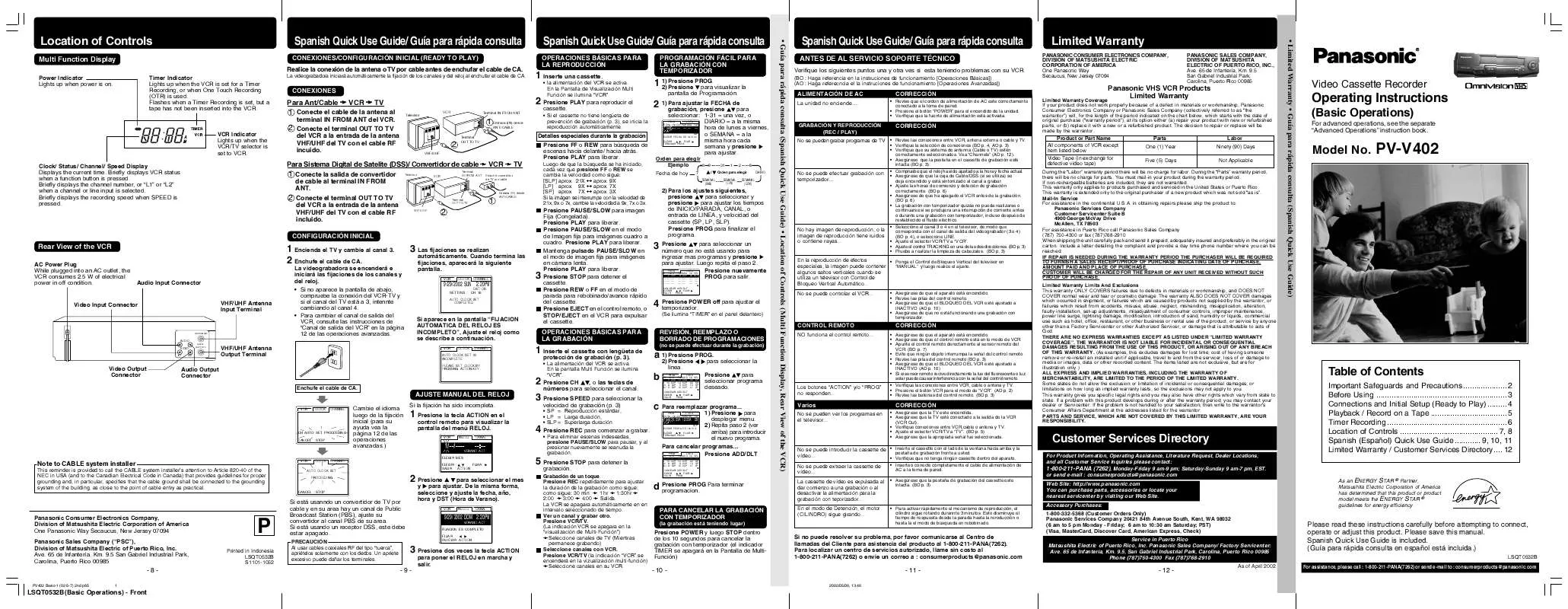 Mode d'emploi PANASONIC PV-V402