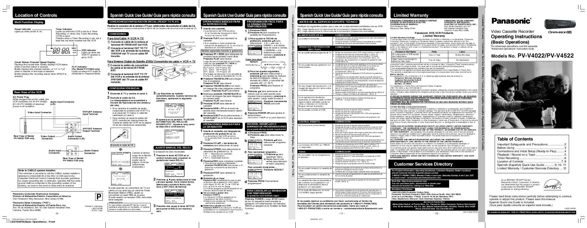 Mode d'emploi PANASONIC PV-V4022