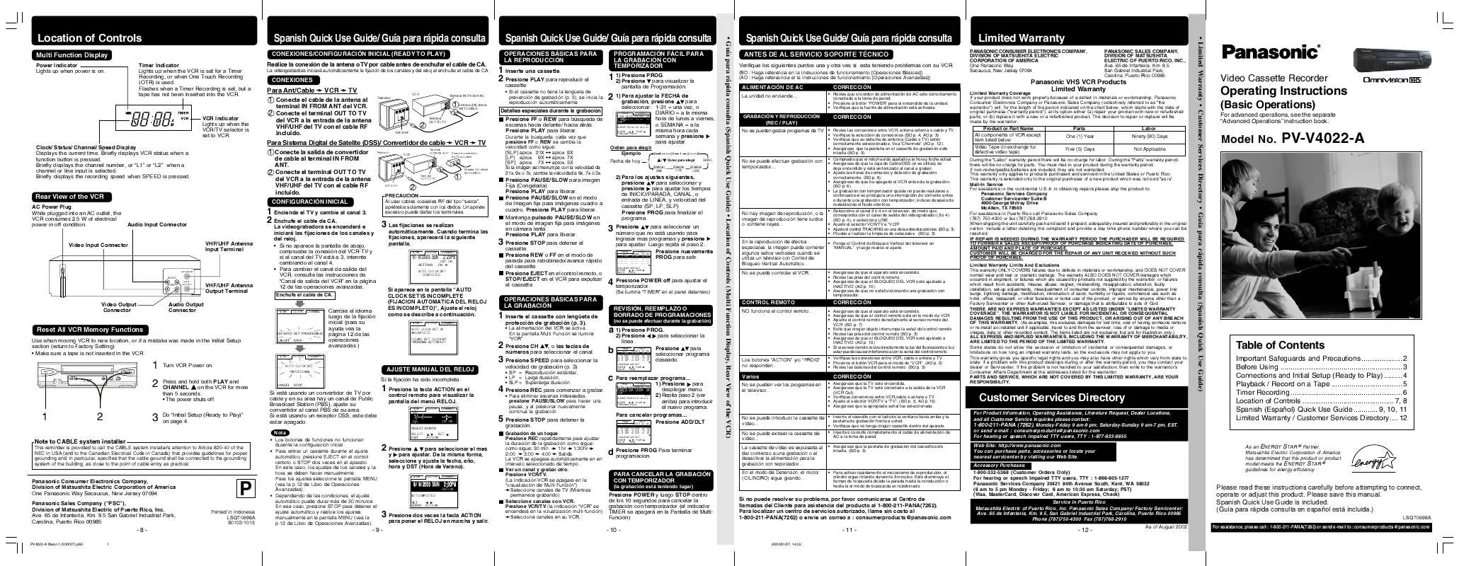 Mode d'emploi PANASONIC PV-V4022A