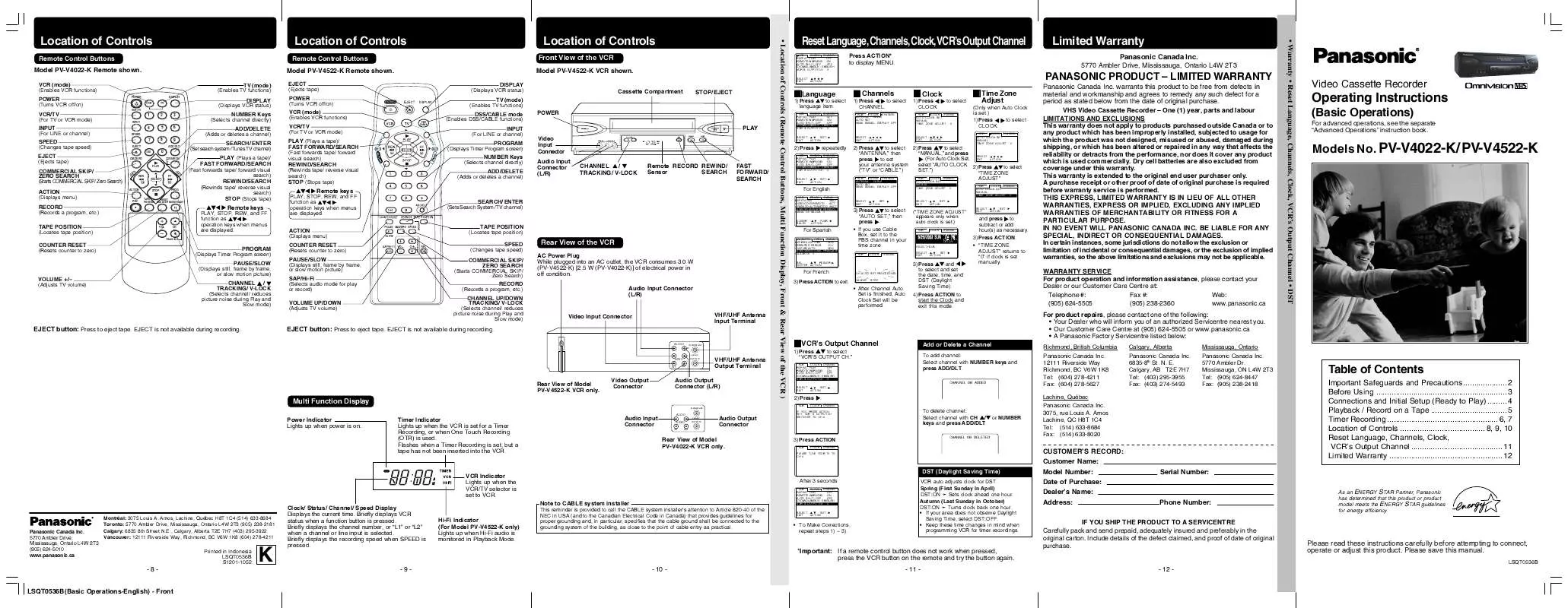 Mode d'emploi PANASONIC PV-V4022K