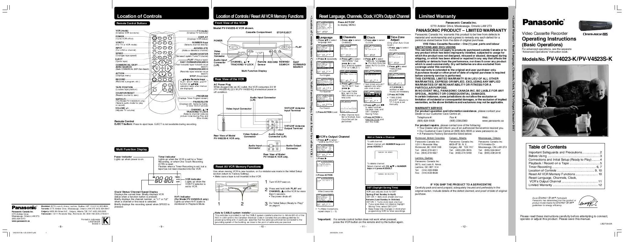 Mode d'emploi PANASONIC PV-V4023K