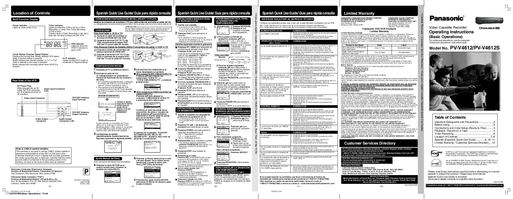 Mode d'emploi PANASONIC PV-V4612