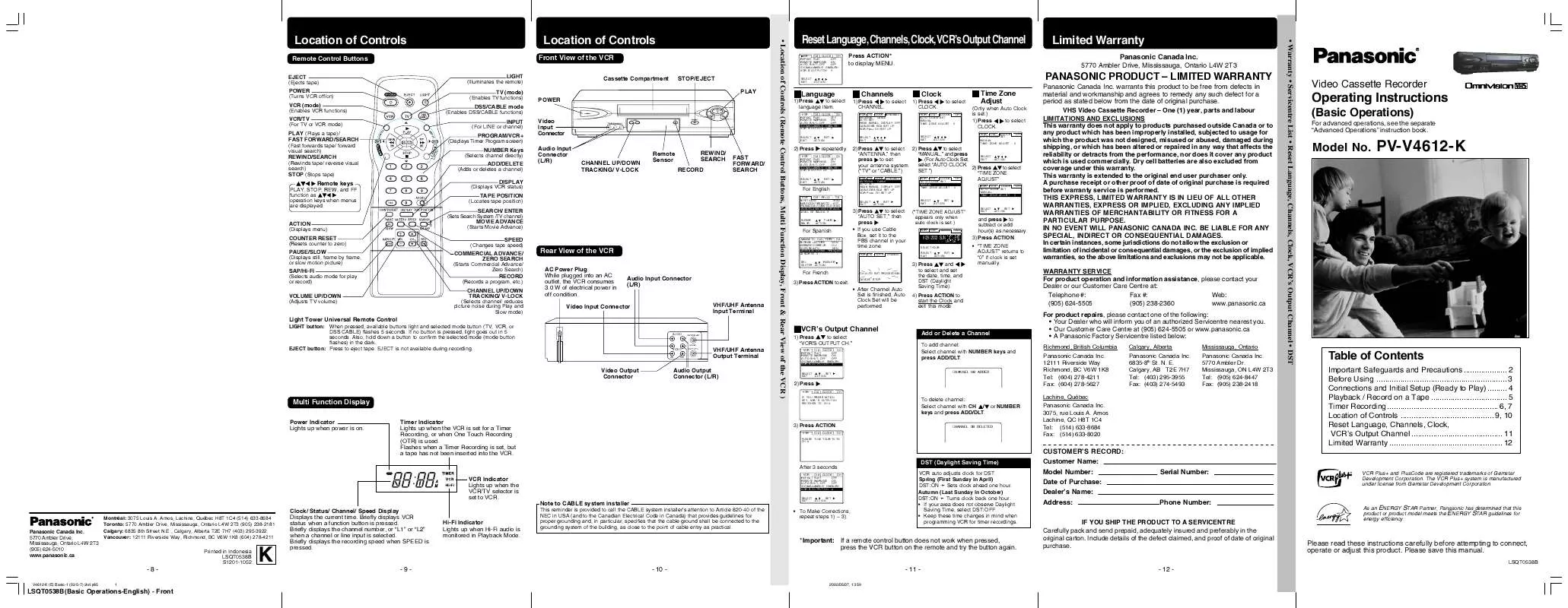 Mode d'emploi PANASONIC PV-V4612K