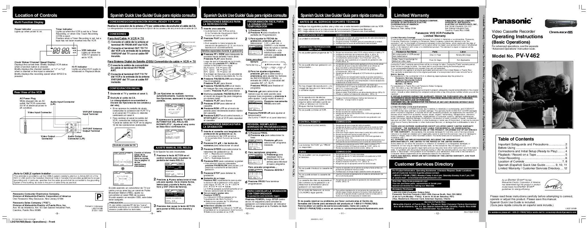 Mode d'emploi PANASONIC PV-V462