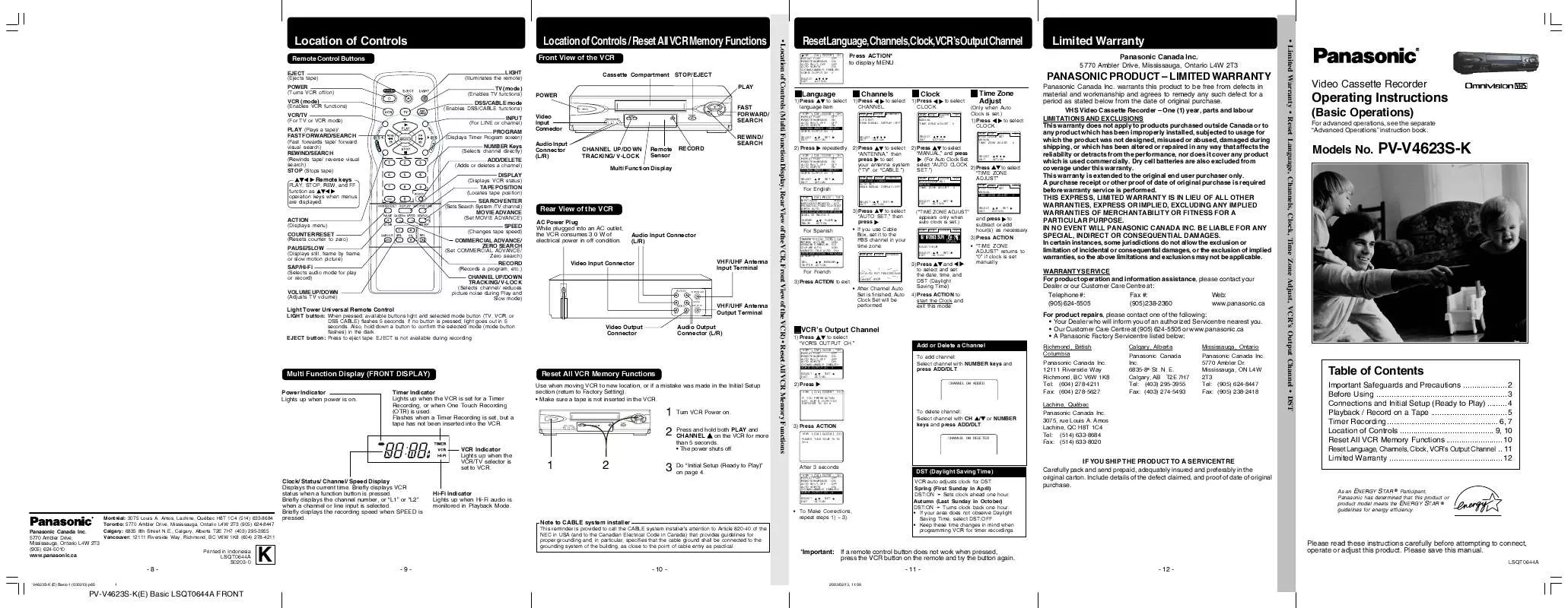 Mode d'emploi PANASONIC PV-V4623SK