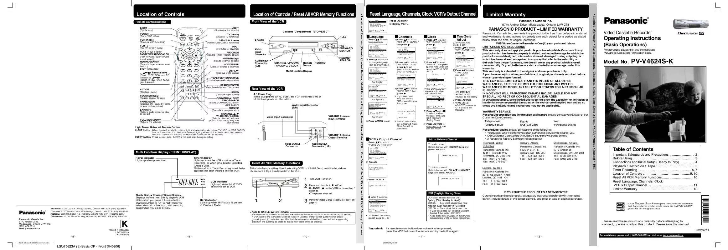 Mode d'emploi PANASONIC PV-V4624SK