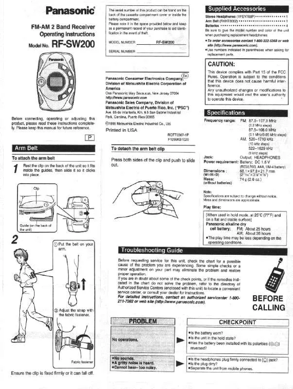 Mode d'emploi PANASONIC RF-SW200