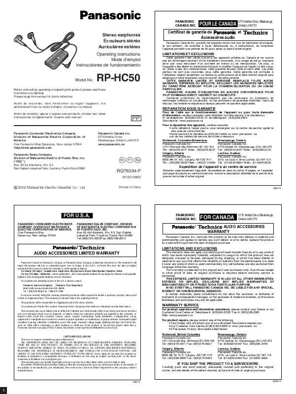 Mode d'emploi PANASONIC RP-HC50