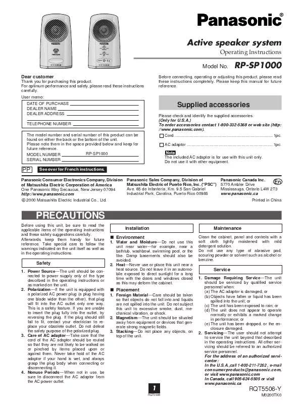 Mode d'emploi PANASONIC RP-SP1000