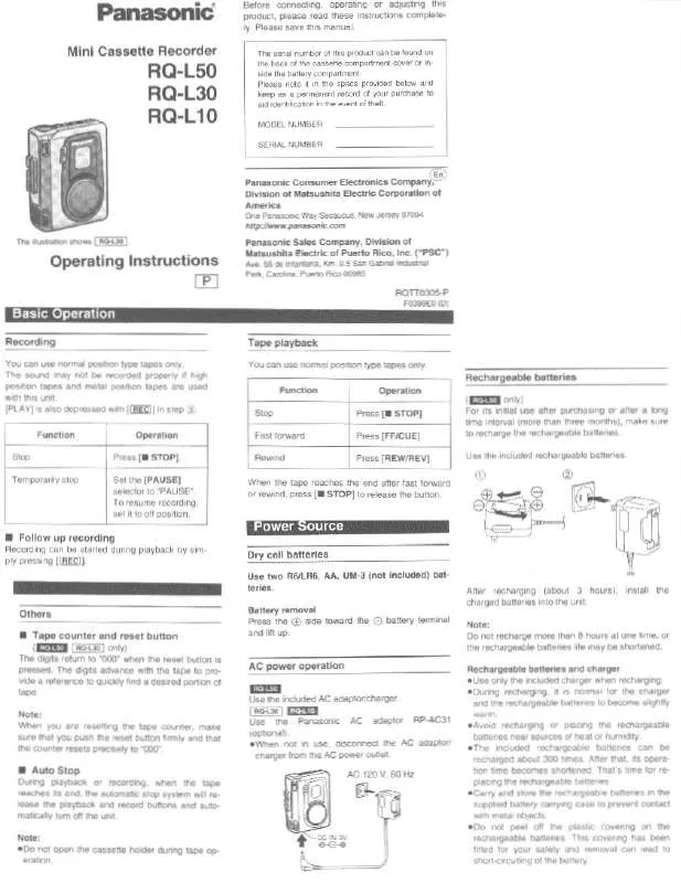 Mode d'emploi PANASONIC RQ-L10