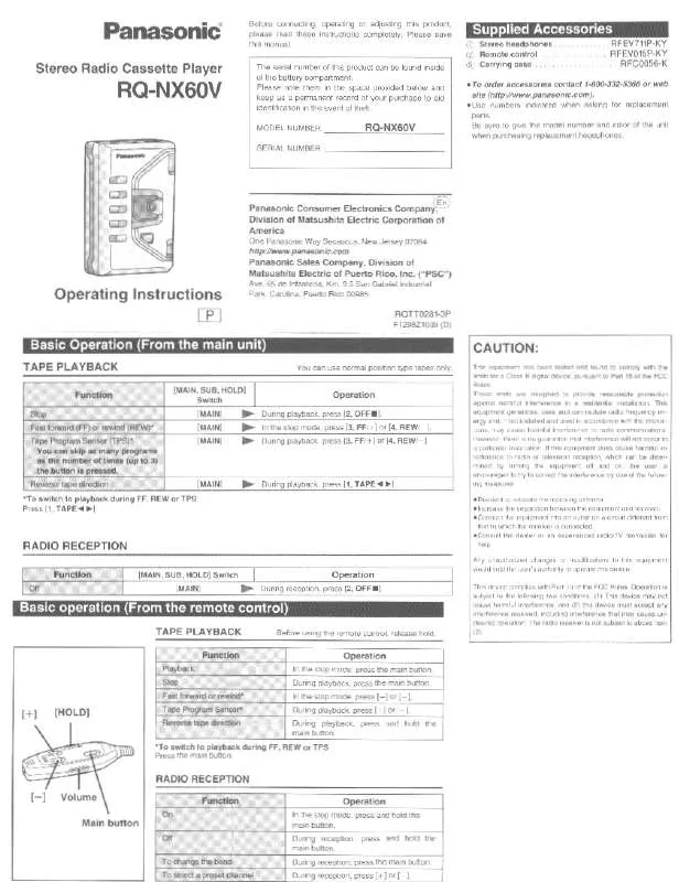 Mode d'emploi PANASONIC RQ-NX60V