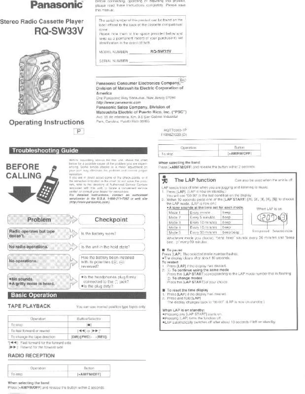 Mode d'emploi PANASONIC RQ-SW33V