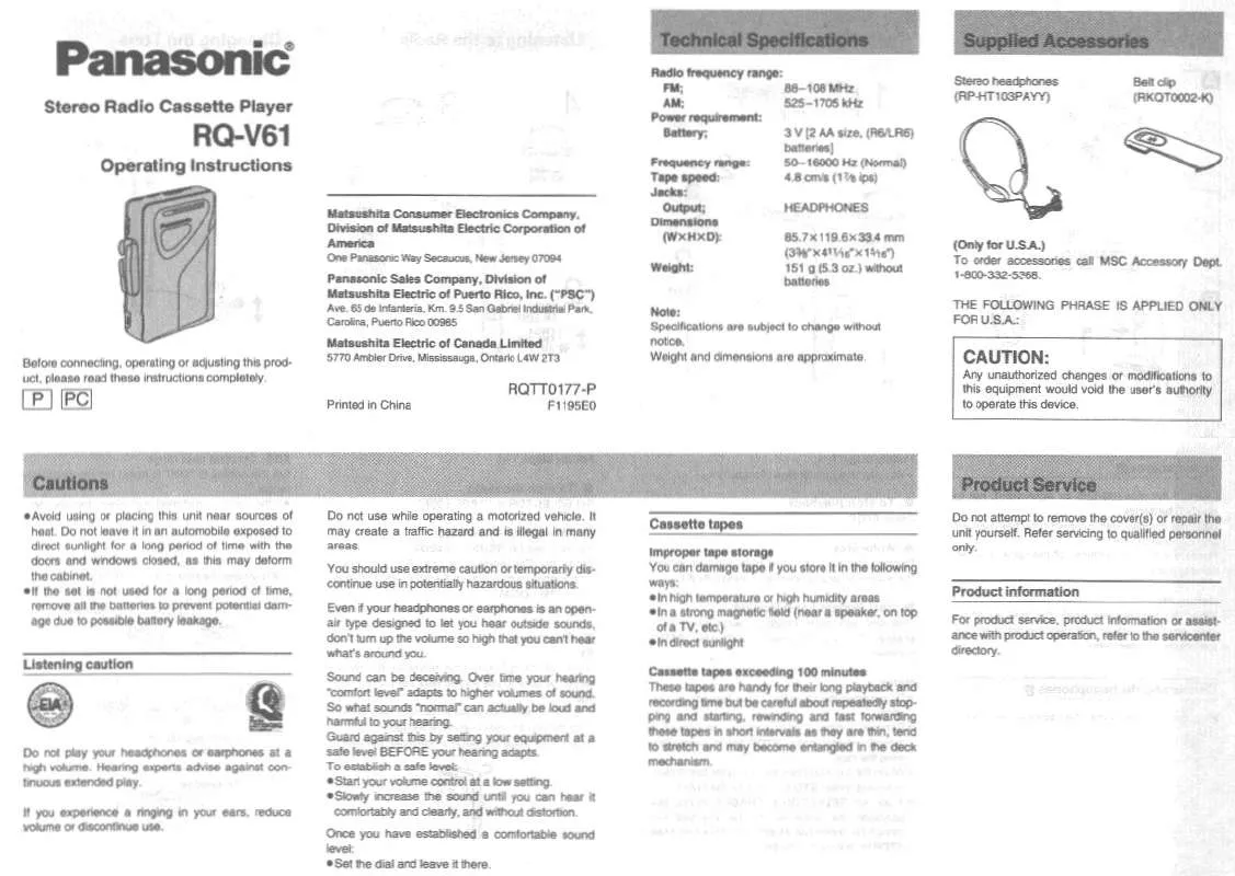 Mode d'emploi PANASONIC RQ-V61