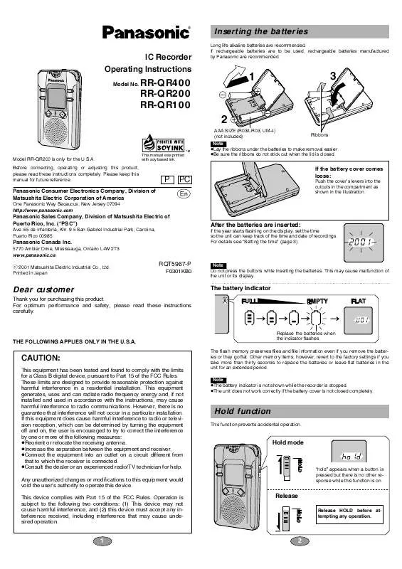 Mode d'emploi PANASONIC RR-QR100