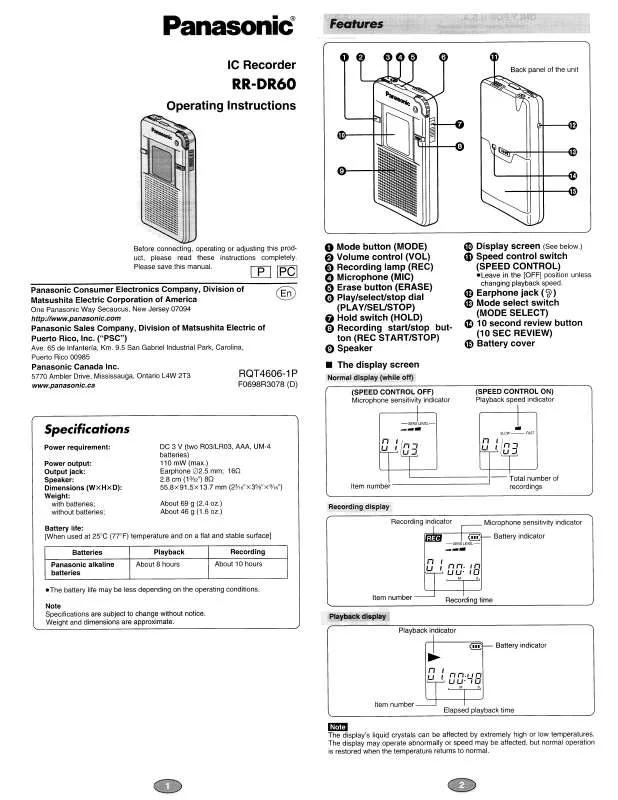 Mode d'emploi PANASONIC RR-DR60