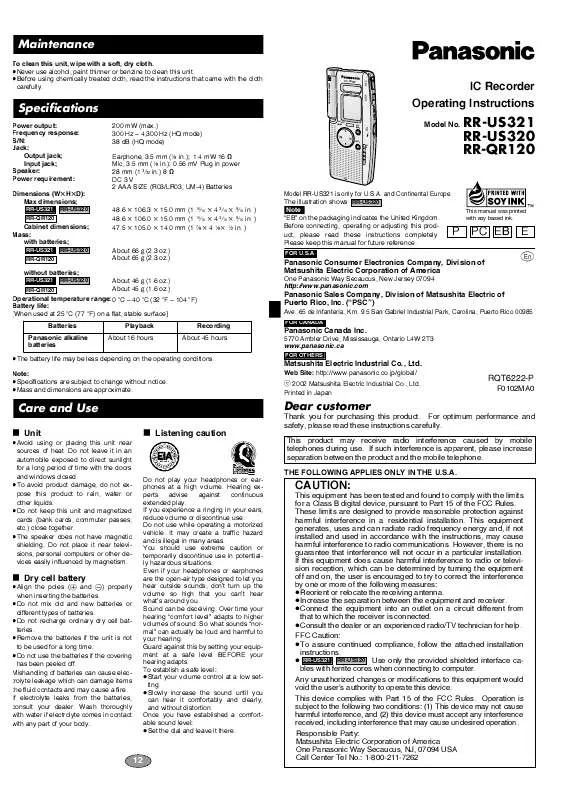 Mode d'emploi PANASONIC RR-QR120