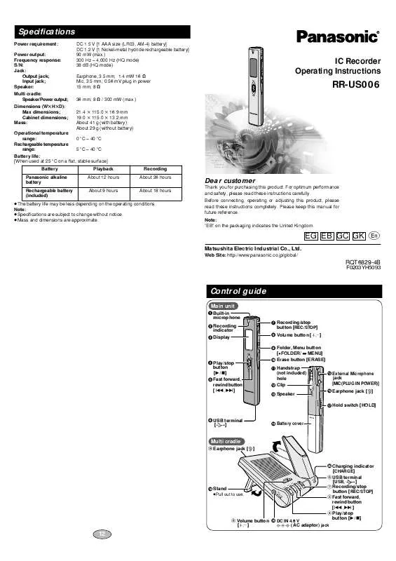 Mode d'emploi PANASONIC RR-US006