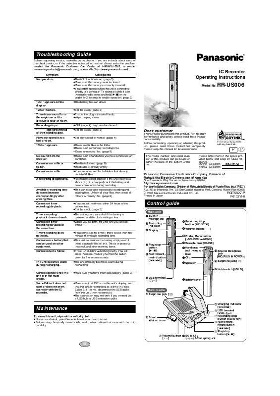 Mode d'emploi PANASONIC RR-US006P