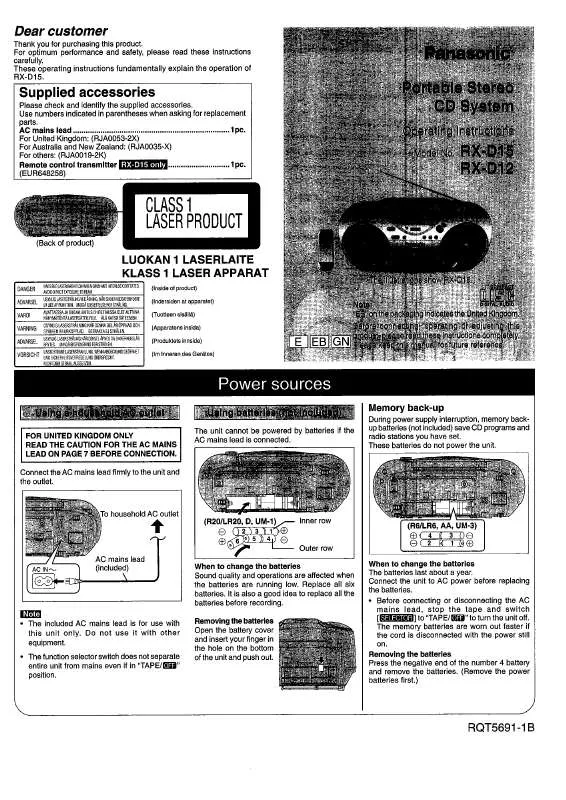 Mode d'emploi PANASONIC RX-D12