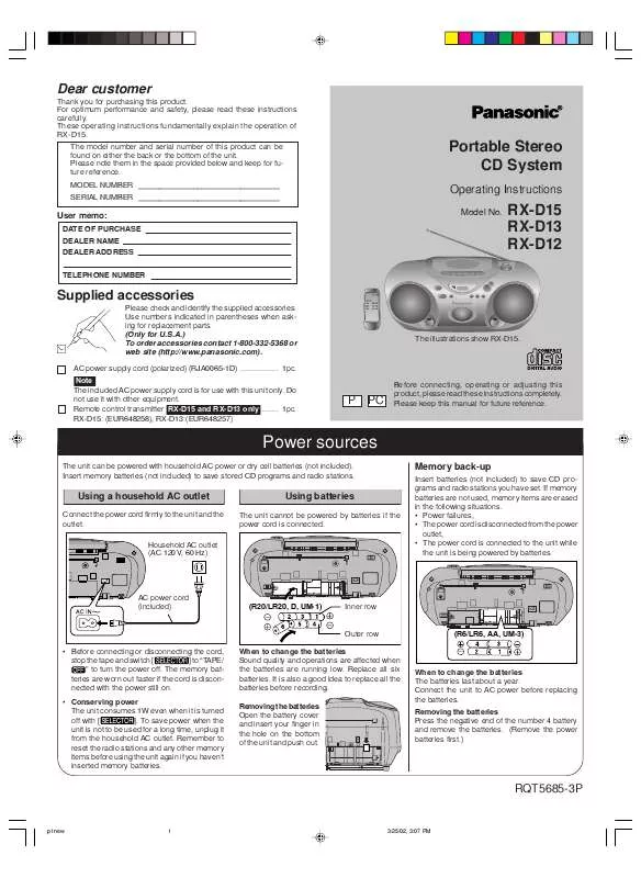 Mode d'emploi PANASONIC RX-D12P