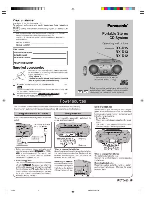 Mode d'emploi PANASONIC RX-D13