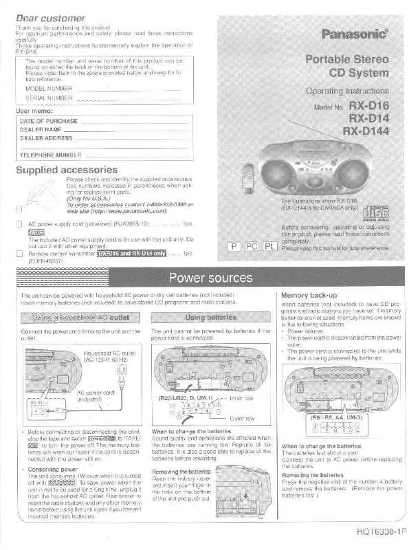 Mode d'emploi PANASONIC RX-D14PCS