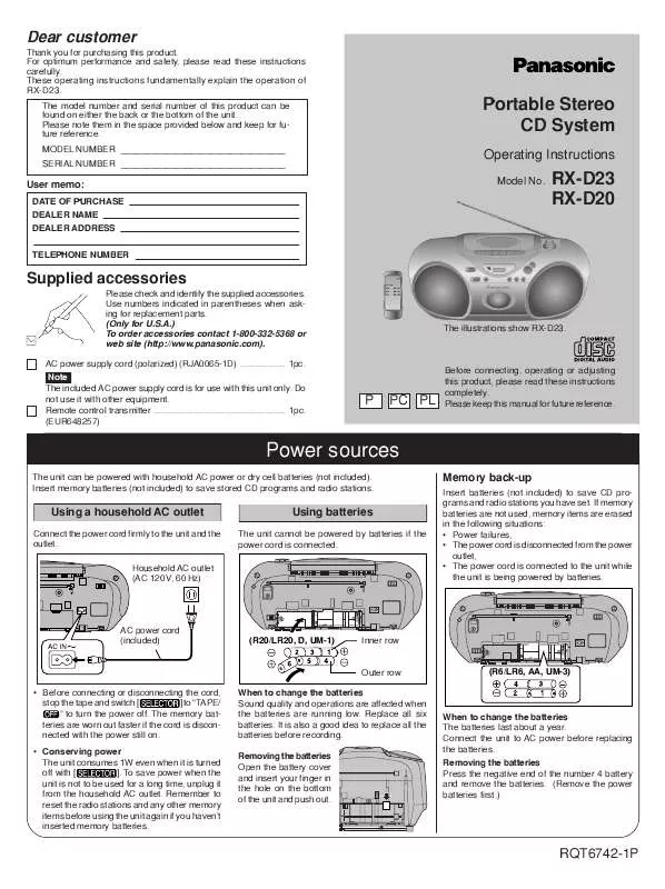 Mode d'emploi PANASONIC RX-D20