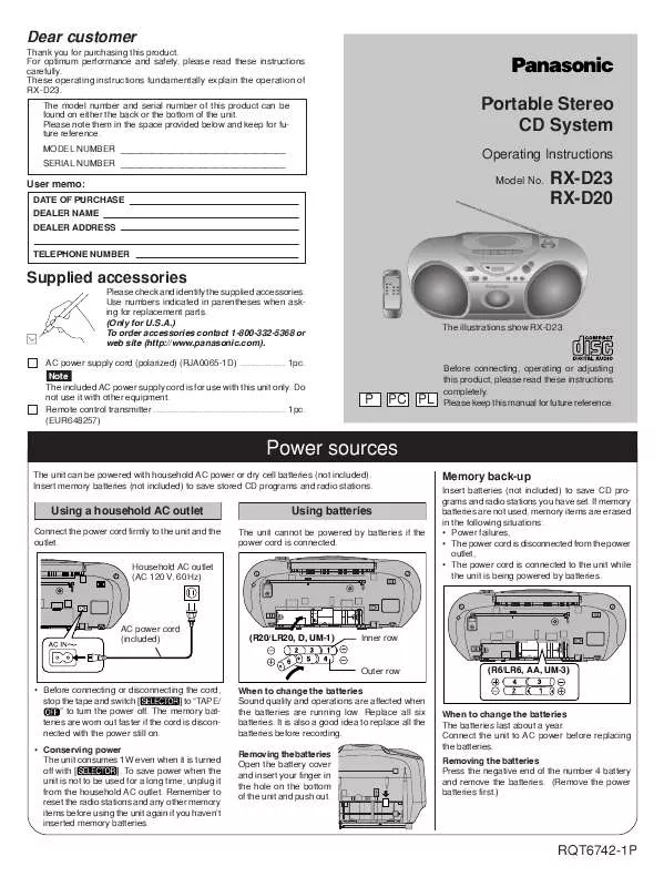 Mode d'emploi PANASONIC RX-D20P