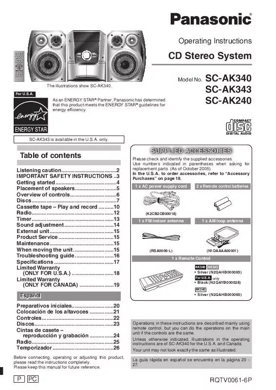 Mode d'emploi PANASONIC SA-AK240