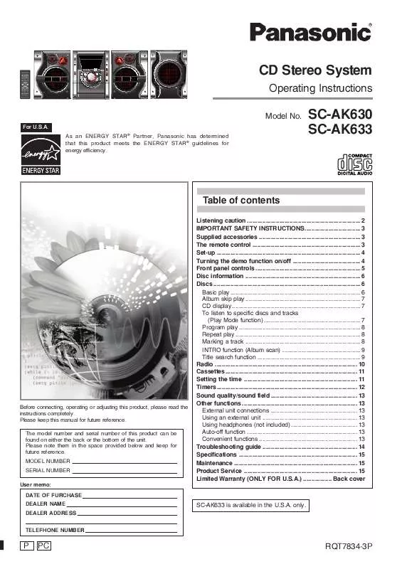 Mode d'emploi PANASONIC SA-AK633