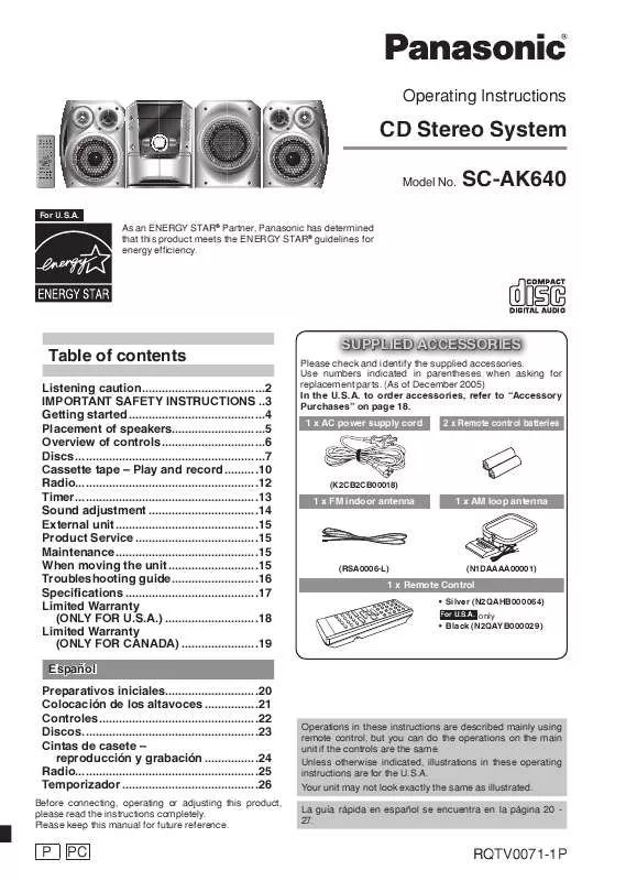 Mode d'emploi PANASONIC SA-AK640