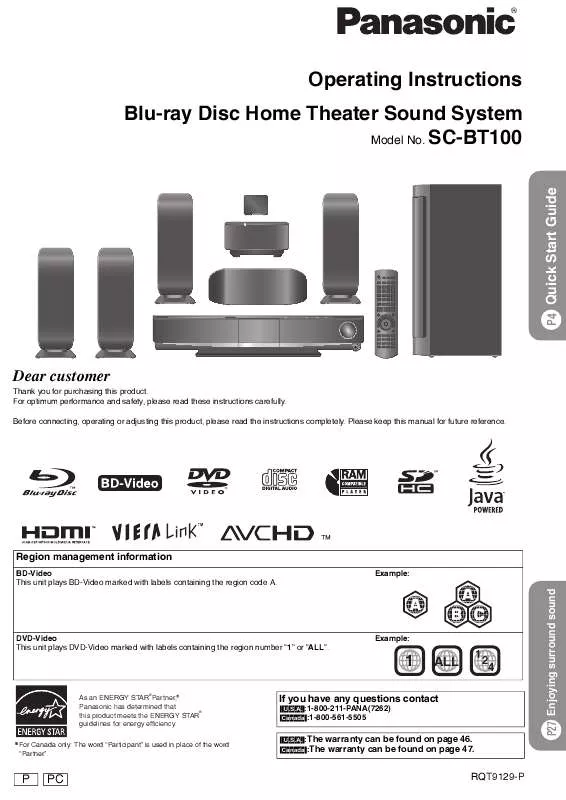 Mode d'emploi PANASONIC SA-BT100