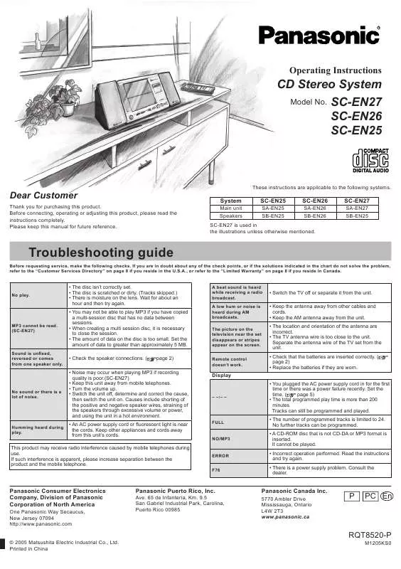 Mode d'emploi PANASONIC SA-EN25