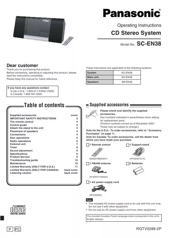 Mode d'emploi PANASONIC SA-EN38