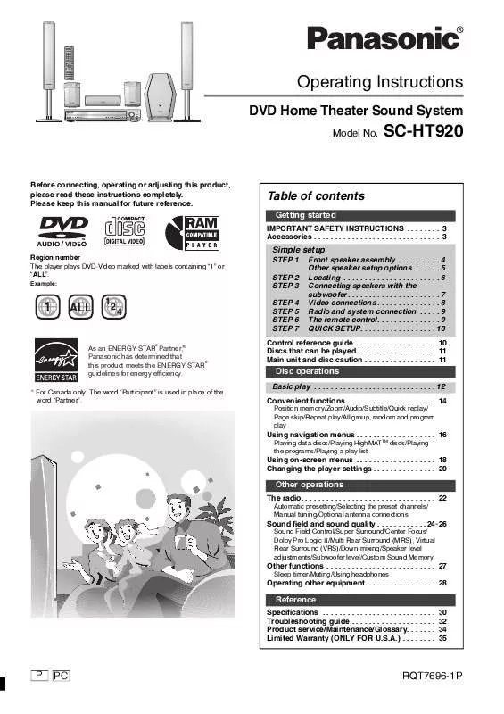 Mode d'emploi PANASONIC SA-HT920