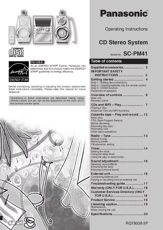 Mode d'emploi PANASONIC SA-PM41