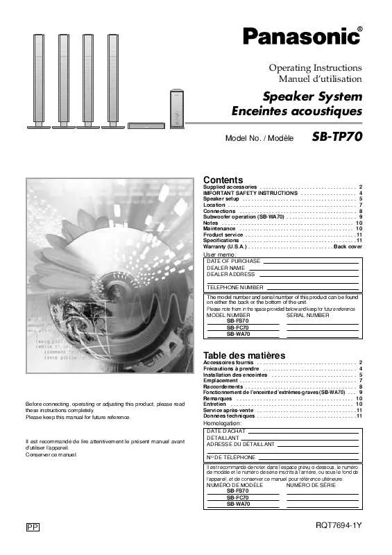 Mode d'emploi PANASONIC SB-PC70