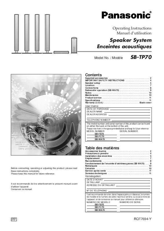 Mode d'emploi PANASONIC SB-TP70