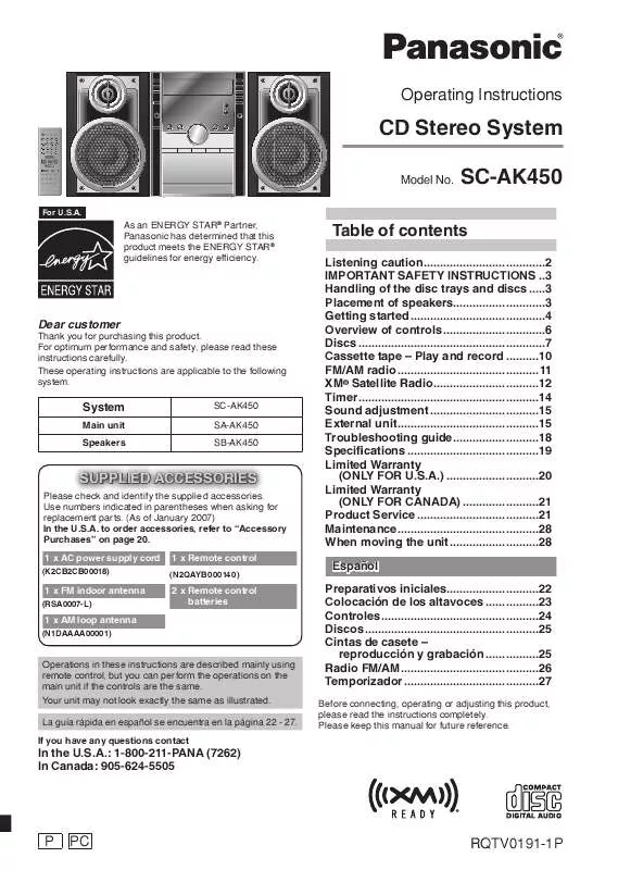 Mode d'emploi PANASONIC SC-AK450