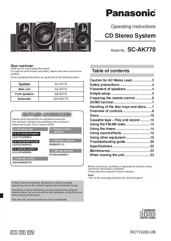 Mode d'emploi PANASONIC SC-AK770