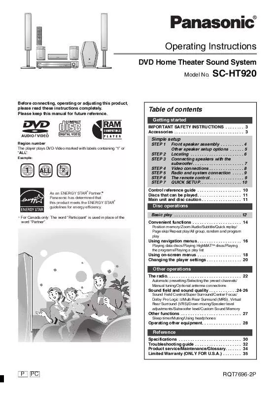 Mode d'emploi PANASONIC SC-HT920