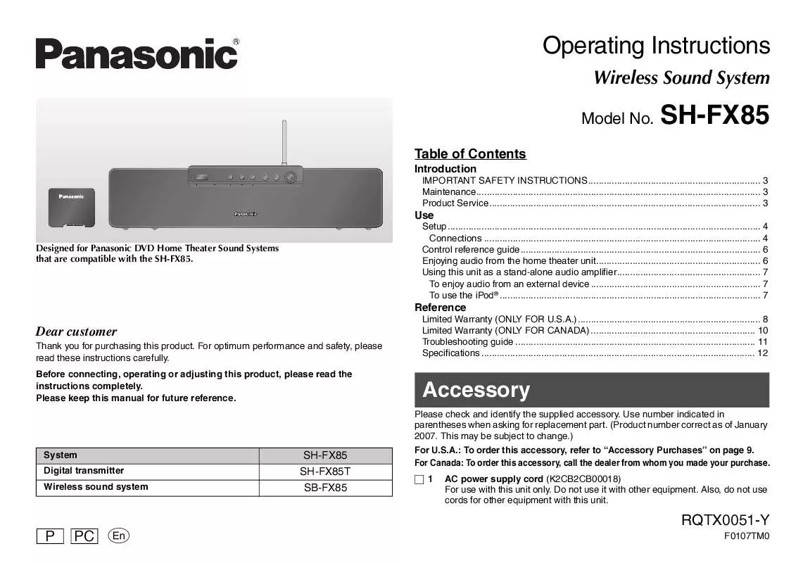 Mode d'emploi PANASONIC SH-FX85