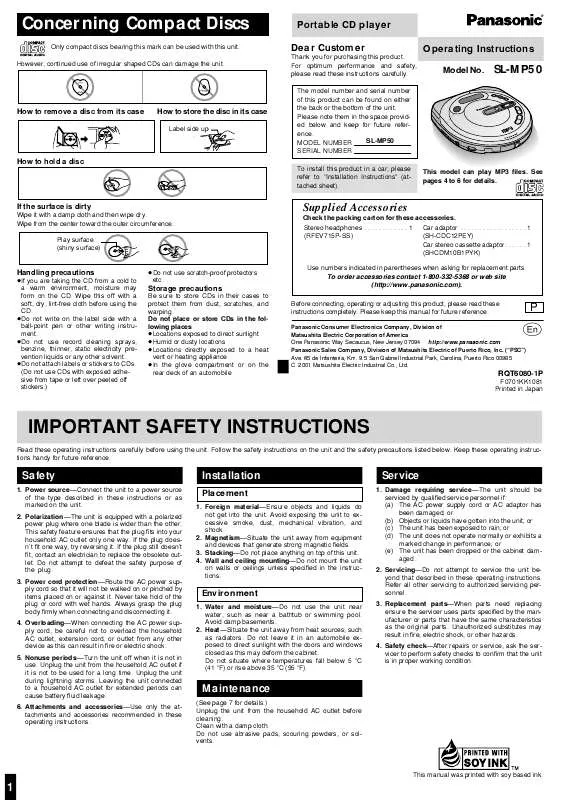 Mode d'emploi PANASONIC SL-MP50