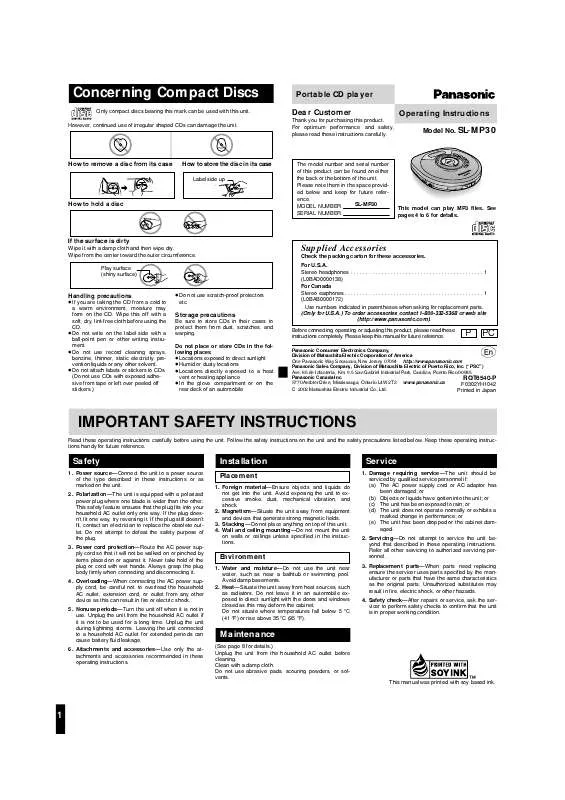 Mode d'emploi PANASONIC SL-MP30PC