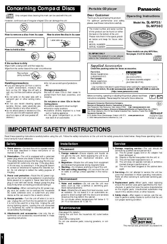 Mode d'emploi PANASONIC SL-MP35