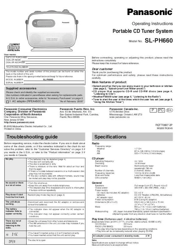 Mode d'emploi PANASONIC SL-PH660