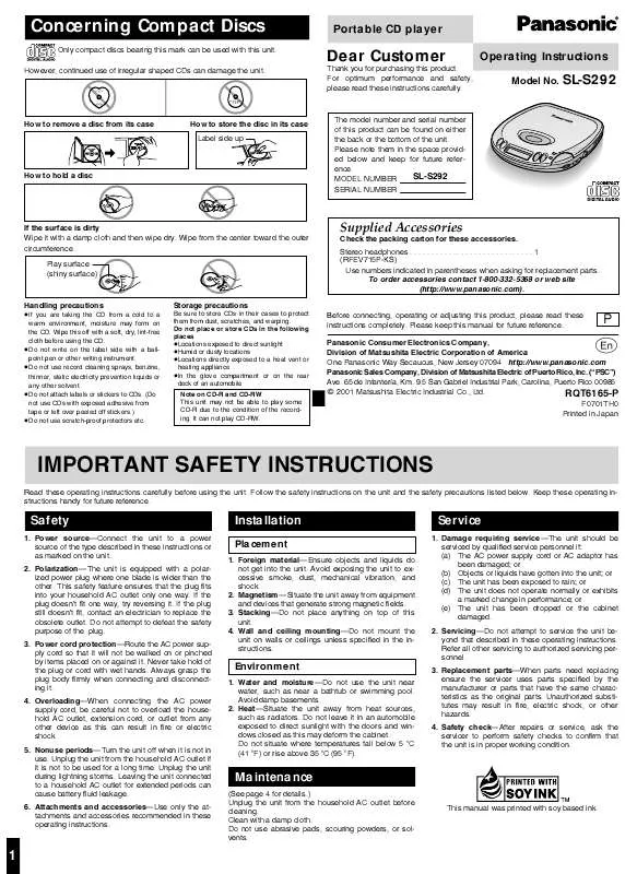 Mode d'emploi PANASONIC SL-S292